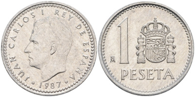 Испания 1 песета 1987 M, Хуан Карлос I (1975-2014) KM 821 алюминий 4402-617