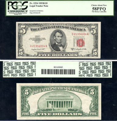 США 5 долларов 1953 серия 1953B, в слабе PCGS 58 PPQ Choice About New, красный номер Pick 381 b, Fr. 1534  бумага  aUNC 452-3-45