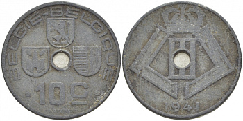БЕЛЬГИЯ 10 САНТИМОВ 1941 BELGIE-BELGIQUE, ГЕРМАНСКАЯ ОККУПАЦИЯ, ВТОРАЯ МИРОВАЯ ВОЙНА KM 126 цинк 87-1412