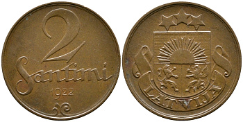 ЛАТВИЯ 2 САНТИМА 1922 ПЕРВАЯ РЕСПУБЛИКА (1918-1939) KM 2 бронза 86-445
