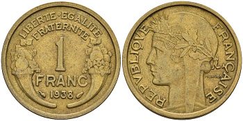 Франция 1 франк 1938 KM 885, Le Franc 219.2 алюминиевая бронза 4142-846