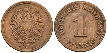 Германия 1 пфенниг 1874 C, Вильгельм I (1871-1888) KM 1, J. 1, Weege 1 медь 1524-411