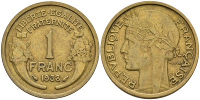 Франция 1 франк 1938 KM 885, Le Franc 219.2 алюминиевая бронза 4142-846