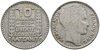 Франция 10 франков 1931 Пьер Тюрен KM 878, Le Franc 360.4 серебро 79-1523