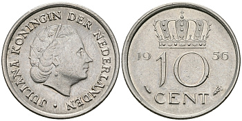 НИДЕРЛАНДЫ 10 ЦЕНТОВ 1956 ЮЛИАНА KM 182 никель 96-349