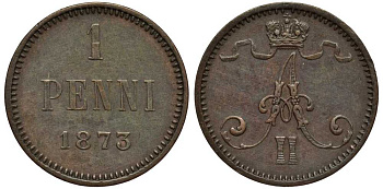 РОССИЯ ДЛЯ ФИНЛЯНДИИ 1 ПЕННИ 1873 АЛЕКСАНДР II Биткин 672 медь 1515-312