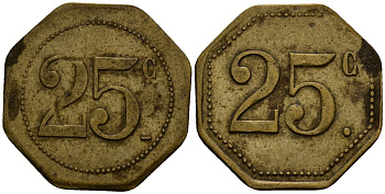 Франция 25 сантимов XIX-XX век ресторанный жетон латунь 4166-447