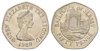 Джерси 50 пенсов 1989 замок Гросне, Елизавета II (1952-2022) KM 58.1 медно-никель 91-221