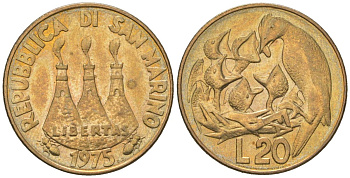 Сан-Марино 20 лир 1975 Любовь у животных KM 44 алюминиевая бронза 4169-519