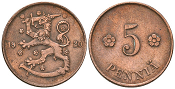 Финляндия 5 пенни 1920 KM 22 медь 4174-352