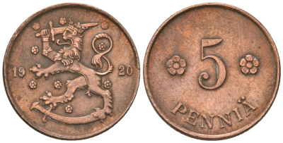 Финляндия 5 пенни 1920 KM 22 медь 4174-352