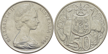 Австралия 50 центов 1966 Елизавета II (1952-2022), герб Австралии, кенгуру KM 67 серебро 82-816