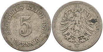 Германия 5 пфеннигов 1875 B, старогербовка KM 3, J. 3 медно-никель 4151-355