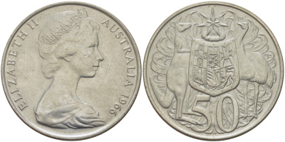 Австралия 50 центов 1966 Елизавета II (1952-2022), герб Австралии, кенгуру KM 67 серебро 82-816