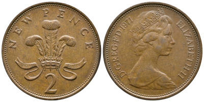 Великобритания 2 пенса 1971 Елизавета II (1952-2022) KM 916, Spink 4235 (C1) бронза 3461-133