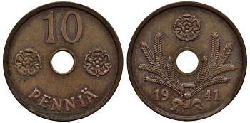 ФИНЛЯНДИЯ 10 ПЕННИ 1941 KM 33.1 медь 4549-842
