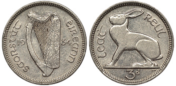 Ирландия 3 пенса 1934 заяц KM 4 никель 441-524