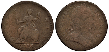 Великобритания 1 фартинг 1773 Георг III (1760-1820) KM 602, Spink 3775 медь 1523-1042