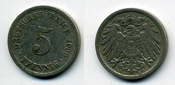 ГЕРМАНИЯ 5 ПФЕННИГОВ 1900 A, KM 11, J. 12 медно-никель 58-535