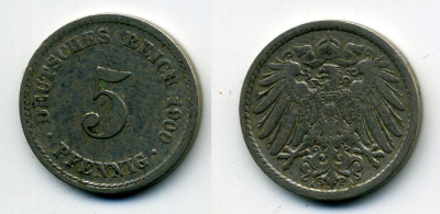 ГЕРМАНИЯ 5 ПФЕННИГОВ 1900 A, KM 11, J. 12 медно-никель 58-535