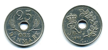 ДАНИЯ 25 ЭРЕ 1967 С; S, ФРЕДЕРИК IX (1947-1972) KM 855.1 медно-никель 25-447