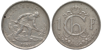 Люксембург 1 франк 1952 сталевар KM 46.2 медно-никель 4163-253