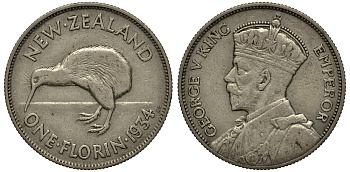 Новая Зеландия 1 флорин 1934 Георг V (1910-1936), птичка киви KM 4 серебро 272-1224