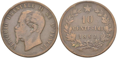 ИТАЛИЯ 10 ЧЕНТЕЗИМО 1862 МОНДВОР ПАРИЖ, ВИКТОР ЭММАНУИЛ II (1861-1878) KM 11.2 медь 4526-656
