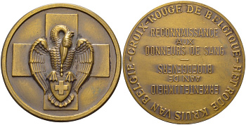 БЕЛЬГИЯ МЕДАЛЬ ND ОБЩЕСТВО КРАСНОГО КРЕСТА БЕЛЬГИИ В БЛАГОДАРНОСТЬ ДОНОРАМ, ПЕЛИКАН НА ФОНЕ КРЕСТА, ДИАМЕТР 50,5 ММ. бронза 1089-5-32
