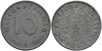 Германия 10 рейхспфеннигов 1943 A KM 101, J.371 цинк 4151-218