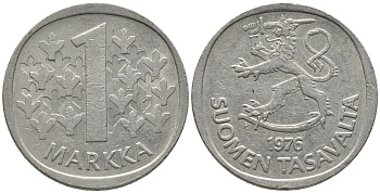 ФИНЛЯНДИЯ 1 МАРКА 1976 KM 49а медно-никель 34-1052