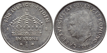 Швеция 1 крона 2001 Карл XVI Густав (1973- ) KM 894 медно-никель 4364-2747
