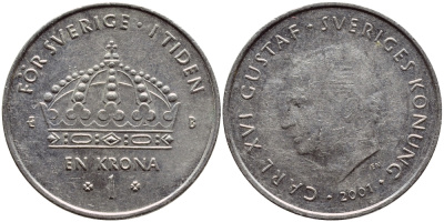 Швеция 1 крона 2001 Карл XVI Густав (1973- ) KM 894 медно-никель 4364-2747