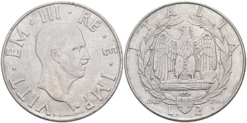 ИТАЛИЯ 2 ЛИРЫ 1940 R, ГОД XVIII, ВИКТОР ЭММАНУИЛ III (1900-1946), МАГНИТНАЯ, ГУРТ РИФЛЁНЫЙ KM 78b, VEM3. 1154 нержавеющая сталь 3855-311