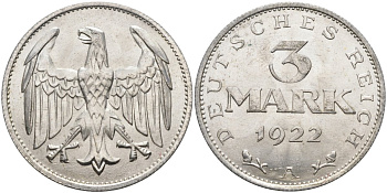 Германия 3 марки 1922 A, третья годовщина Веймарской Конституции KM 29, J.303 алюминий UNC 4587-135