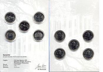 США набор из 5 квотеров 1999 штаты США: Нью-Джерси, Делавер, Джорджия, Коннектикут, Пенсильвания, буклет, капсулы, сертификат KM 295, 293, 296, 297, 294 медно-никель UNC 7-6-1-28
