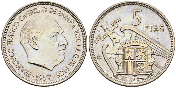 Испания 5 песет 1957 (75) Франсиско Франко (1939-1975) KM 786 медно-никель    4143-215