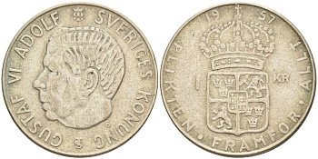 Швеция 1 крона 1957 TS, Густав VI Адольф (1950-1973) KM 826 серебро 3851-1241