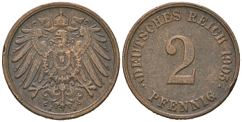 Германия 2 пфеннига 1905 J, Вильгельм II (1888-1918) KM 16, J. 11 медь 4615-722