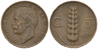 Италия 5 чентезимо 1922 R, Виктор Эммануил III (1900-1946) KM 59 бронза 4615-619