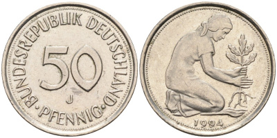 ФРГ 50 пфеннигов 1994 J KM 109, J.384 медно-никель 4584-525