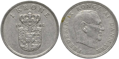 ДАНИЯ 1 КРОНА 1962 C;S, ФРЕДЕРИК IX (1947-1972) KM 851.1 медно-никель 113-853