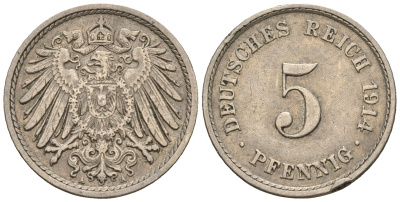 Германия 5 пфеннигов 1914 A, KM 11, J. 12 медно-никель 220-736