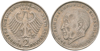 ФРГ 2 марки 1976 F, Конрад Аденауэр, 20 лет Федеративной Республике KM 124 медно-никель 4565-924