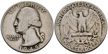 США 25 центов = квотер 1945 Вашингтон KM 164 серебро 4177-717