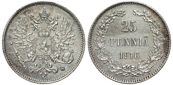 Россия для Финляндии 25 пенни 1916 S, Николай II (1894-1917) KM 6.2, Биткин 421 серебро 75-1313