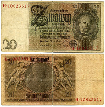 ГЕРМАНИЯ 20 РЕЙХСМАРОК 1929 Pick 181a бумага 3295-80-2