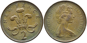 Великобритания 2 пенса 1971 Елизавета II (1952-2022) KM 916, Spink 4235 (C1) бронза 4393-256