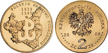 Польша 2 злотых 2009 MW, 70-я годовщина создания польского подпольного государства KM 707 нордик UNC 4676-622
