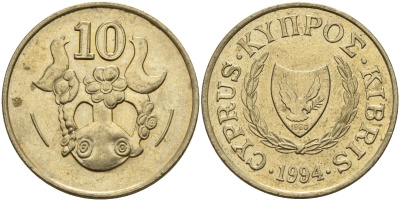 Кипр 10 центов 1994 KM 56.3 никель латунь 4141-1223